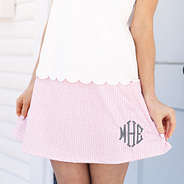 ashley wearing skort in pink seersucker close up