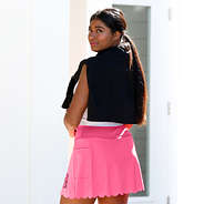 back view of monogrammed scallop skort in hot pink