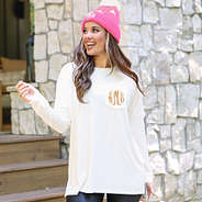 white monogrammed tunic shirt with beanie