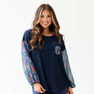 monogrammed puff sleeve top in navy safari