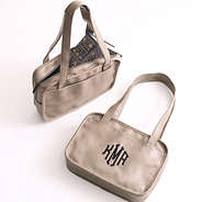 side pocket and front of monogrammed grey taupe bible tote bag