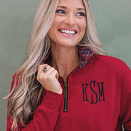 close up of red plaid personalized quarter zip sweatshirt - HIDE UNTIL F25 RESTOCK