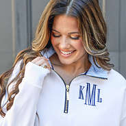 close up of seersucker collar on monogrammed quarter zip sweatshirt