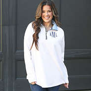 white and seersucker quarter zip sweatshirt with jeans