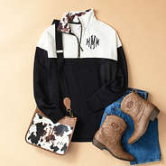cowhide quarter zip sweatshirt flatlay