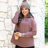 mauve personalized quarter zip with beanie and leggings outfit