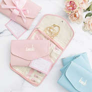 light pink and light blue monogrammed travel jewelry organizer bridesmaid gifts