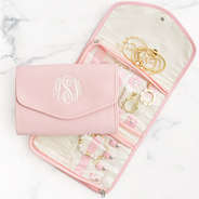 light pink monogrammed travel jewelry organizer packed