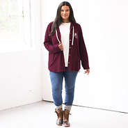 monogrammed wine shacket with jeans