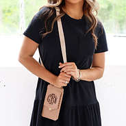 tan phone crossbody on girl with chocolate thread