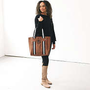brown monogrammed purse tote with fall outfit