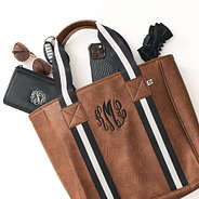monogrammed purse tote in brown with accessories cropped