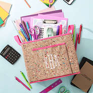 cork bin with school supplies