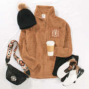 monogrammed pullover sherpa tunic in camel ootd