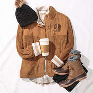 camel sherpa monogrammed shacket ootd with duck boots