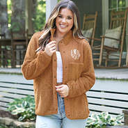 monogrammed sherpa camel jacket with jeans