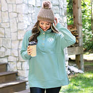 button up sweatshirt tunic in mint sage with beanie