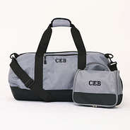 monogrammed packable travel bag and hanging toiletry bag in charcoal and black