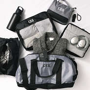 personalized packable travel bag in charcoal and black with packing bag set