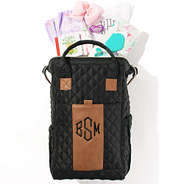 black and brown personalized diaper bag with baby accessories