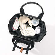 inside of black and brown leather diaper bag