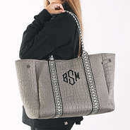 taupe textured neoprene tote over shoulder