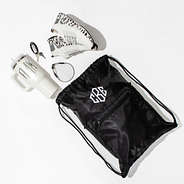 black cinch bag spill out with tumbler sneakers and keys