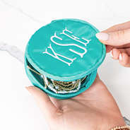 teal monogrammed travel jewelry case opening