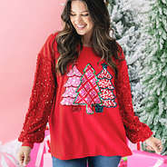 close up of red christmas sweatshirt with jeans