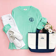 mint monogrammed softspun sweatshirt with navy tote