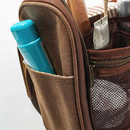 brown personalized waxed canvas hanging toiletry bag up close shot