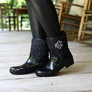 Monogrammed Rain Boots with black leggings