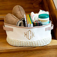 ivory and tan stair basket on stairs
