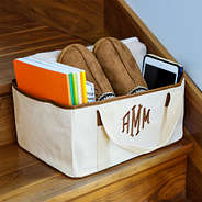 Monogrammed Stair Basket on stairs