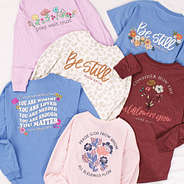 monogrammed faith shirt in cornflower blush heathered burgundy lilac and snow leopard