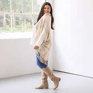 plus model wearing khaki fringe cardigan