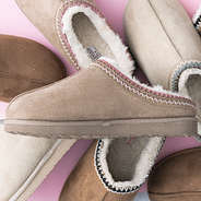 pile of moccasins in hickory tan and tan pink