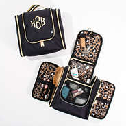 Monogrammed Hanging Toiletry Bag in Black and Gold front and open view