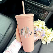 monogrammed tumbler in coral in car