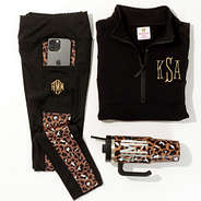 Monogrammed Colorblock leggings with funnelneck pullover sweatshirt and travel tumbler