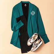 deep teal sweatshirt cardigan flatlay