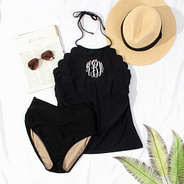 high neck tankini with crossover bottoms and sun hat