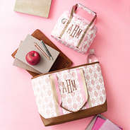 personalized tote bag with small cooler in blush mosaic flatlay