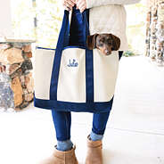 puppy in navy personalized navy boat tote bag