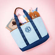 blue seersucker boat tote flatlay