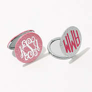 personalized glitter compact mirrors in silver and pink open closed