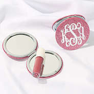 pink glitter monogrammed compact mirror open and closed