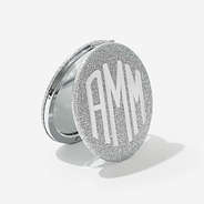 monogrammed glitter compact mirror in silver