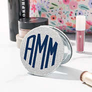 silver glitter compact monogrammed mirror with cosmetic bag navy monogram