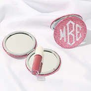 pink glitter monogrammed compact mirror open and closed